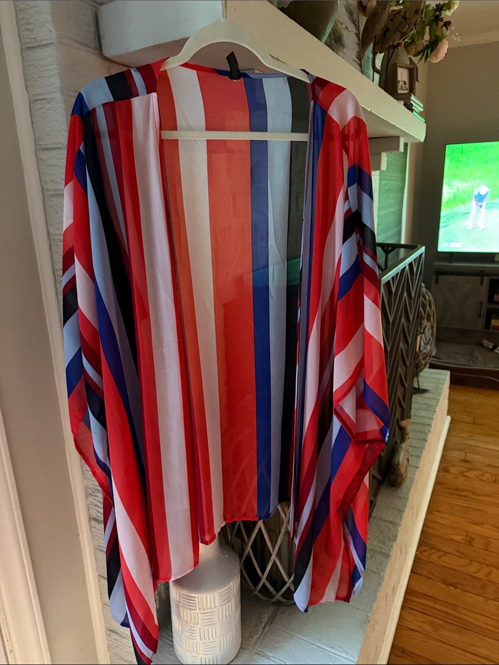 Lightweight Chiffon Ruana | Striped Red, Blue & White Sheer Swim Coverup